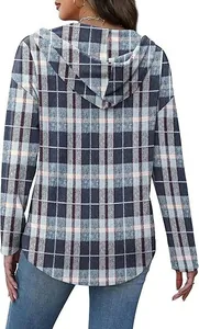 Back view of a casual women's hooded plaid shirt with a stylish curved hemline