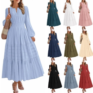 Robe Longue à Étages avec Col en V pour Femme Décontractée Manches Longues Taille Smockée Couleur Unie Coton Plage Fête Vacances Robe Fluide