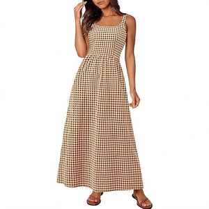 Women's plaid maxi dress with square neck and thin straps for casual summer vacation style