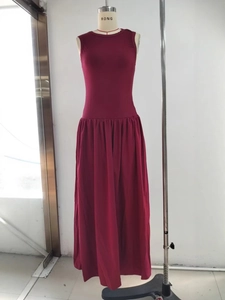 Women Sexy Sleeveless Round Neck Patchwork Maxi Dress Elegant Burgundy Ribbed Knit High Waist Pleated Long Evening Gown