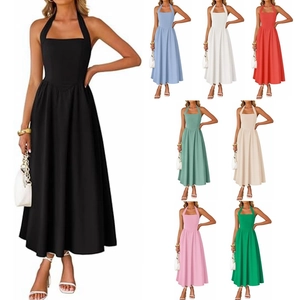 Women Halter Neck Maxi Dress High Waist Sleeveless A-Line Pleated Long Vacation Dress With Pocket Summer Beach Party Dress