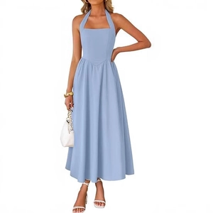 Light blue halter neck sleeveless midi dress with pleated waist and A-line silhouette
