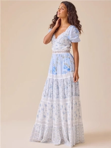 French Vintage V Neck Lace Stitching Floral Maxi Dress Puff Sleeve High Waist Blue Rose Print Tiered A-Line Cake Skirt Dress