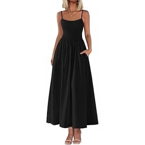 Elegant black thin strap maxi dress with pleated waist and functional side pockets