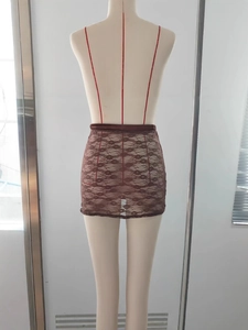 Slim fit brown floral lace mini skirt with a glossy waistband for a sexy summer look
