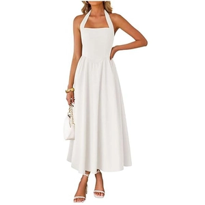 Elegant white halter neck maxi dress with square neckline and flowy A-line silhouette