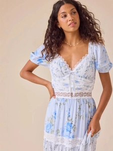 French vintage light blue floral dress with V-neck lace trim and puff sleeves