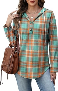 Detail view of orange plaid hooded top with white drawstrings and button neckline