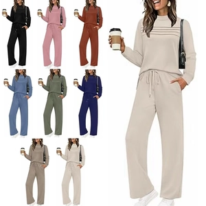 Ensemble Sportif Décontracté pour Femmes Sweat-Shirt Plissé à Manches Longues Et Col Rond Et Pantalon Large à Cordon