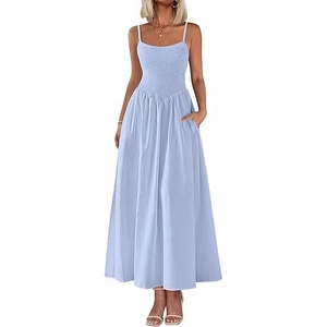 Lavender spaghetti strap maxi dress with smocked bodice and hidden side pockets