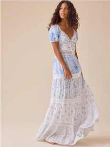 French vintage floral maxi dress with lace V-neck and puff sleeves in blue and white