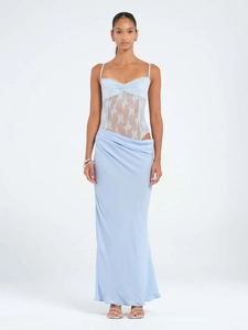 Elegant light blue lace patchwork slip dress featuring floral embroidery and a long fishtail skirt