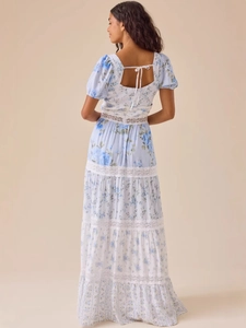 French vintage floral maxi dress with puff sleeves and white lace patchwork details