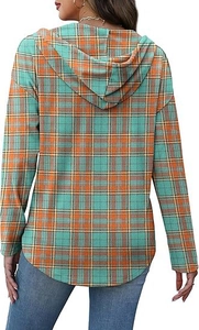 Detail view of the curved hem and back design of this casual plaid hooded sweatshirt