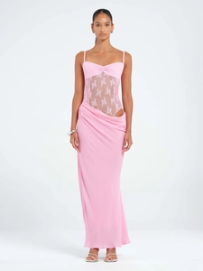Pink French style lace patchwork maxi dress with cutout waist and elegant fishtail hem