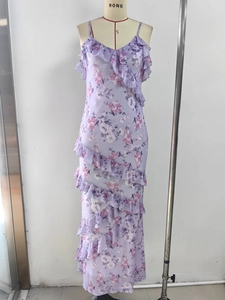 Detail of lavender floral chiffon dress with tiered ruffles and slim waist design