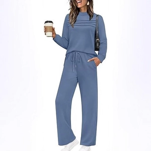 Ensemble détente 2 pièces femme avec haut à manches longues et pantalon large bleu gris