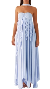 Detail of light blue chiffon maxi dress showing layered ruffles and delicate fabric texture