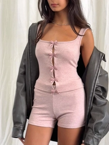 Pink two-piece set for women featuring a bow-knot tank top and high-waist shorts