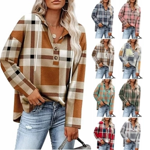 Women's Plaid Hooded Long Sleeve Sweatshirt V Neck Button Pullover Loose Casual Fall Winter Top