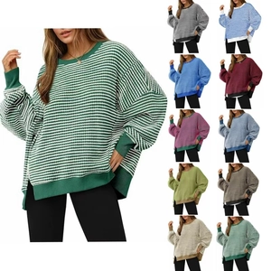 Sweat-shirt Rayé en Tricot Gaufre Décontracté pour Femmes Col Rond Manches Longues Fente Latérale Pull Oversize