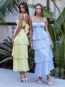 Women Sexy Backless Cami Maxi Dress Tiered Ruched Tie Back Cake Layer Dress Elegant Party Evening Summer Dress