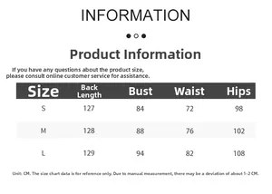 Size chart for floral backless dress with measurements in CM for sizes S, M, and L
