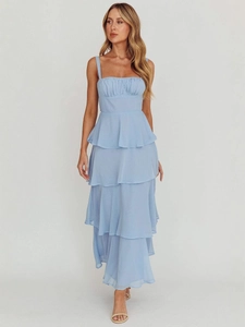 Elegant light blue tiered ruffle summer dress with thin spaghetti straps and pleated neckline