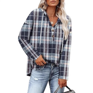 Women's plaid hooded sweatshirt with V-neck buttons and blue-gray checkered pattern