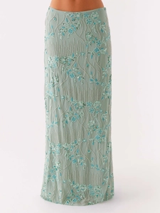Women Sexy Sequined Floral Embroidery Maxi Skirt Heavy Industry Beaded Mesh Half Length Long Skirt For Party Vacation