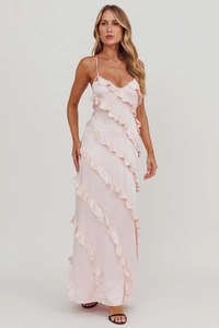 Detail of light pink satin maxi dress with cascading ruffles and a deep V-neckline