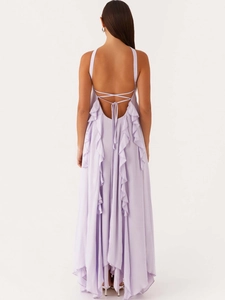 Lavender chiffon backless maxi dress with delicate cross straps and ruffle details