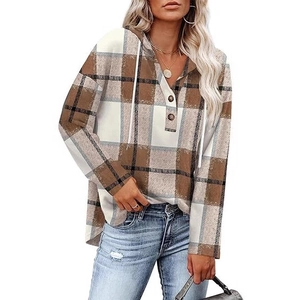 Women's V-neck plaid hoodie with buttons and drawstring in brown and beige pattern