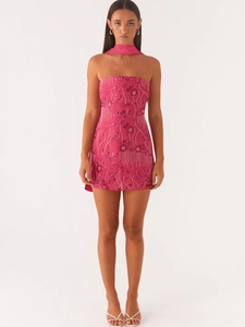 Magenta sequin tube mini dress with floral embroidery and matching neck scarf
