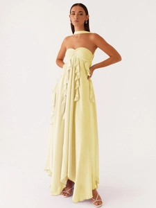 Elegant light yellow strapless chiffon maxi dress with ruffles and matching neck strap