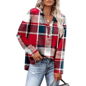Women's plaid hooded sweatshirt with V-neck button detail in classic red and navy check
