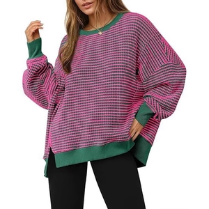 Sweat-shirt en tricot gaufré pour femmes avec rayures roses et vertes et fentes latérales