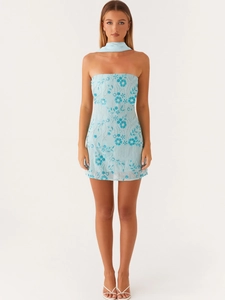 Sparkling light blue sequin strapless mini dress with floral embroidery and neck scarf