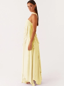 Elegant light yellow backless chiffon maxi dress with tiered ruffle details and flowy fit