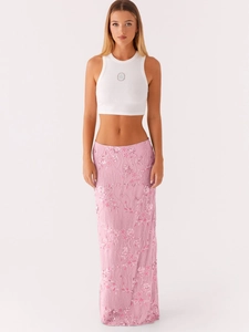 Pink low-waist maxi skirt with sequin floral embroidery and beaded mesh details