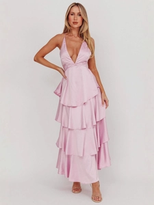 Elegante Abito Maxi in Raso da Donna Scollo a V Profondo Gonna a Balze Schiena Scoperta Senza Maniche Festa Matrimonio Abito da Sera