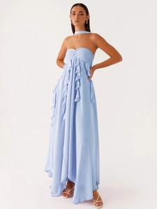 Light blue backless halter maxi chiffon dress with ruffles and a matching neck strap