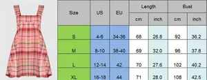 Größentabelle für ärmelloses Kleid mit Karomuster und US/EU-Maßen im Detail