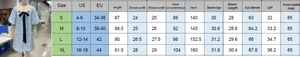 Detailed size chart for floral square neck dress showing measurements in centimeters and sizes