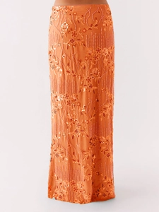 Elegant orange slim fit maxi skirt with sequins and beads embroidery in tropical patterns