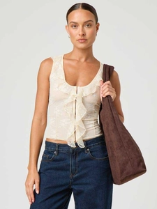 Haut chic sans manches en dentelle beige avec volants et broderie florale