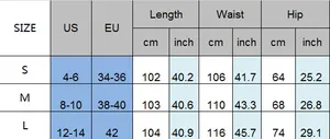 Detailed size chart for lace casual pants with US and EU conversion and measurements