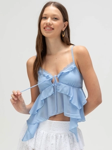 Top a Canotta Donna Sexy con Volant e Spalline Sottili Pizzo Scollo a V Lacci Poliestere Texture Chiffon Crop Top Senza Maniche
