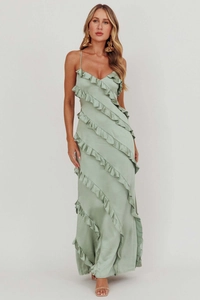 Detailed view of sage green satin maxi dress with layered ruffles and slim shoulder straps