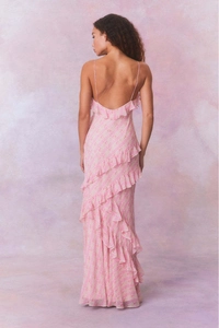 Detailed back view of a pink floral chiffon dress with elegant ruffles and open back design